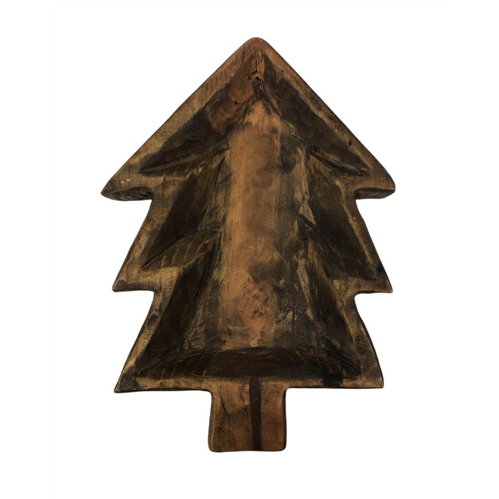 Carved Wooden Dough Bowl Christmas Tree Primitive Wood Trencher New 14"x10"
